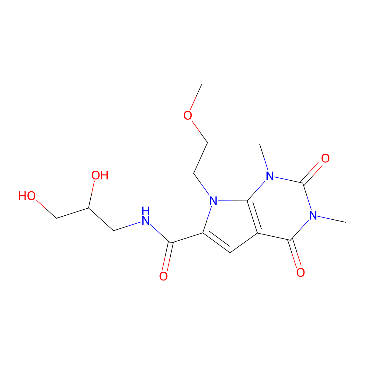N-(2,3-dihydroxypropyl)-7-(2-methoxyethyl)-1,3-dimethyl-2,4-dioxo-2,3,4,7-tetrahydro-1H-pyrrolo[2,3-d]pyrimidine-6-carboxamide molecular structure, CAS 1021133-65-2