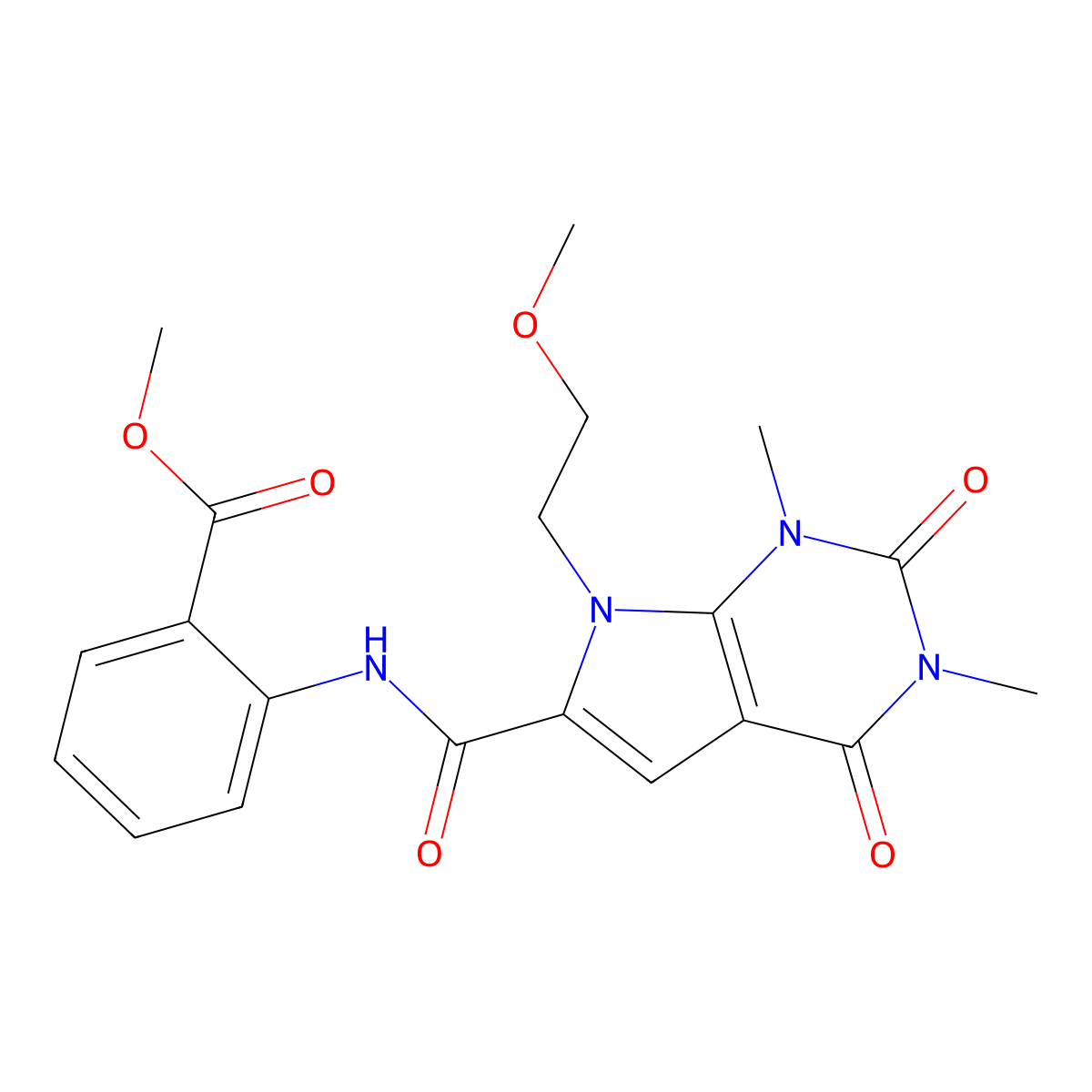 methyl 2-(7-(2-methoxyethyl)-1,3-dimethyl-2,4-dioxo-2,3,4,7-tetrahydro-1H-pyrrolo[2,3-d]pyrimidine-6-carboxamido)benzoate molecular structure, CAS 1021133-74-3