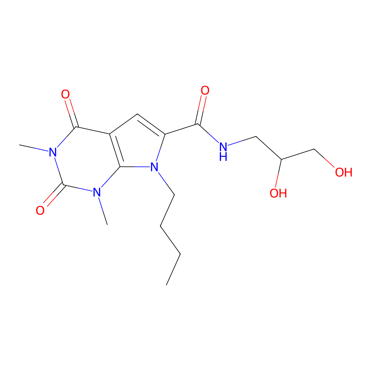 7-butyl-N-(2,3-dihydroxypropyl)-1,3-dimethyl-2,4-dioxo-2,3,4,7-tetrahydro-1H-pyrrolo[2,3-d]pyrimidine-6-carboxamide molecular structure, CAS 1021134-08-6