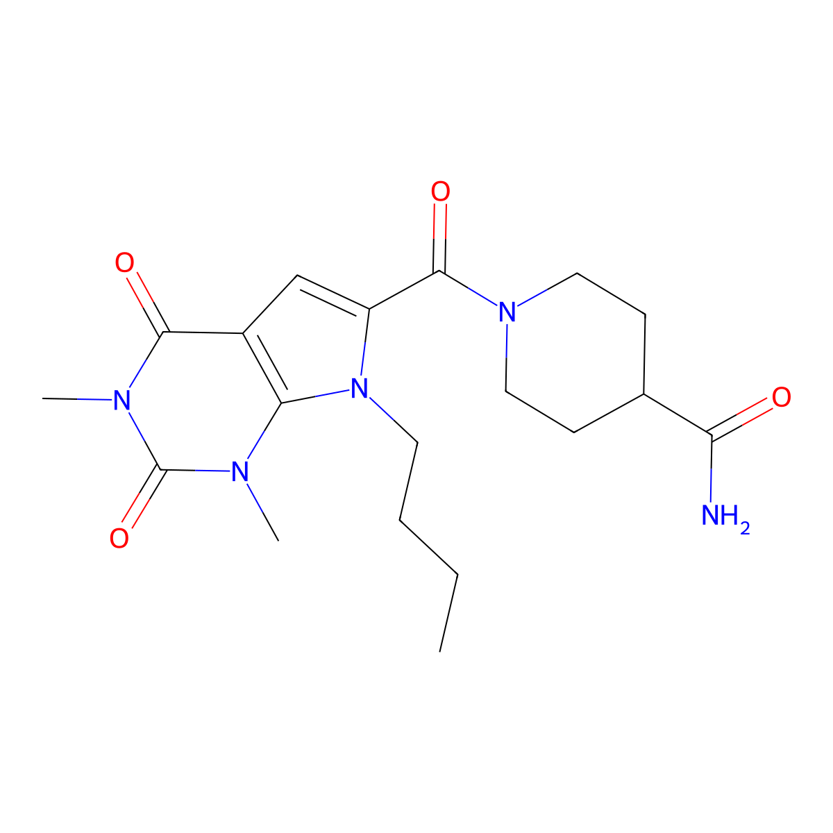 1-(7-butyl-1,3-dimethyl-2,4-dioxo-2,3,4,7-tetrahydro-1H-pyrrolo[2,3-d]pyrimidine-6-carbonyl)piperidine-4-carboxamide molecular structure, CAS 1021134-10-0
