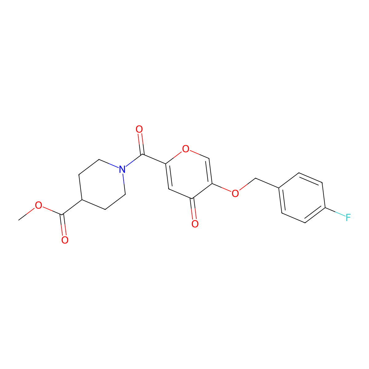 methyl 1-(5-((4-fluorobenzyl)oxy)-4-oxo-4H-pyran-2-carbonyl)piperidine-4-carboxylate molecular structure, CAS 1021134-64-4