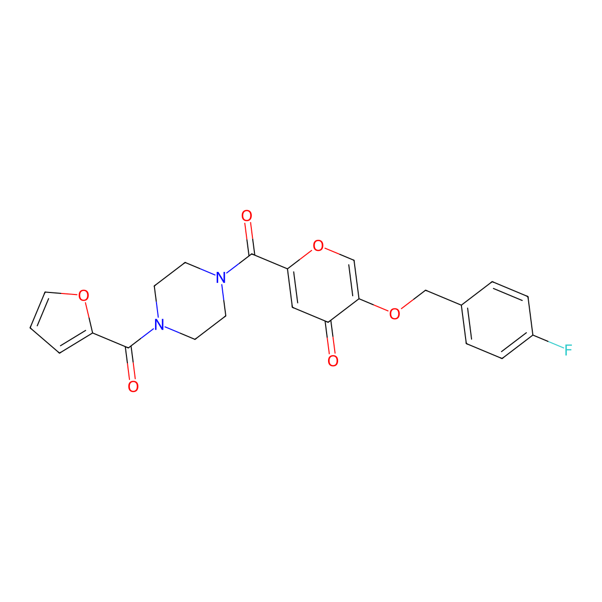 5-((4-fluorobenzyl)oxy)-2-(4-(furan-2-carbonyl)piperazine-1-carbonyl)-4H-pyran-4-one molecular structure, CAS 1021134-67-7