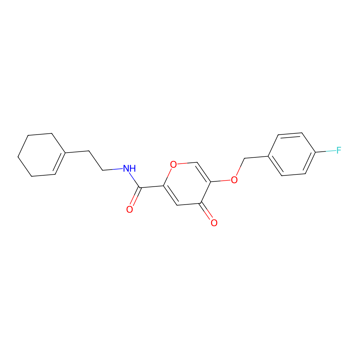 N-(2-(cyclohex-1-en-1-yl)ethyl)-5-((4-fluorobenzyl)oxy)-4-oxo-4H-pyran-2-carboxamide molecular structure, CAS 1021134-68-8