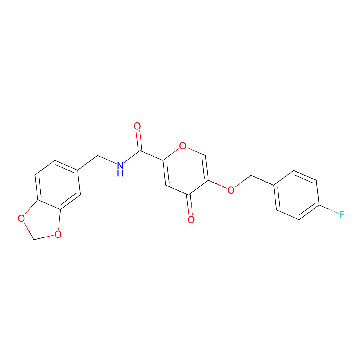 N-(benzo[d][1,3]dioxol-5-ylmethyl)-5-((4-fluorobenzyl)oxy)-4-oxo-4H-pyran-2-carboxamide molecular structure, CAS 1021134-69-9