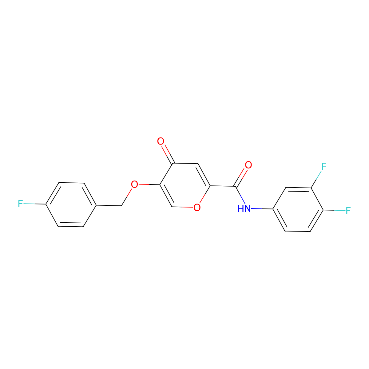 N-(3,4-difluorophenyl)-5-((4-fluorobenzyl)oxy)-4-oxo-4H-pyran-2-carboxamide molecular structure, CAS 1021134-82-6
