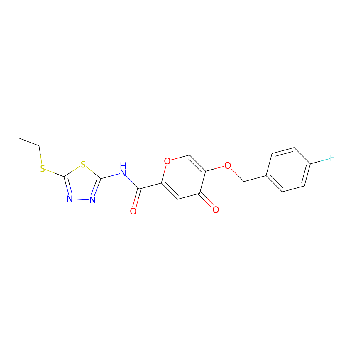 N-(5-(ethylthio)-1,3,4-thiadiazol-2-yl)-5-((4-fluorobenzyl)oxy)-4-oxo-4H-pyran-2-carboxamide molecular structure, CAS 1021134-85-9