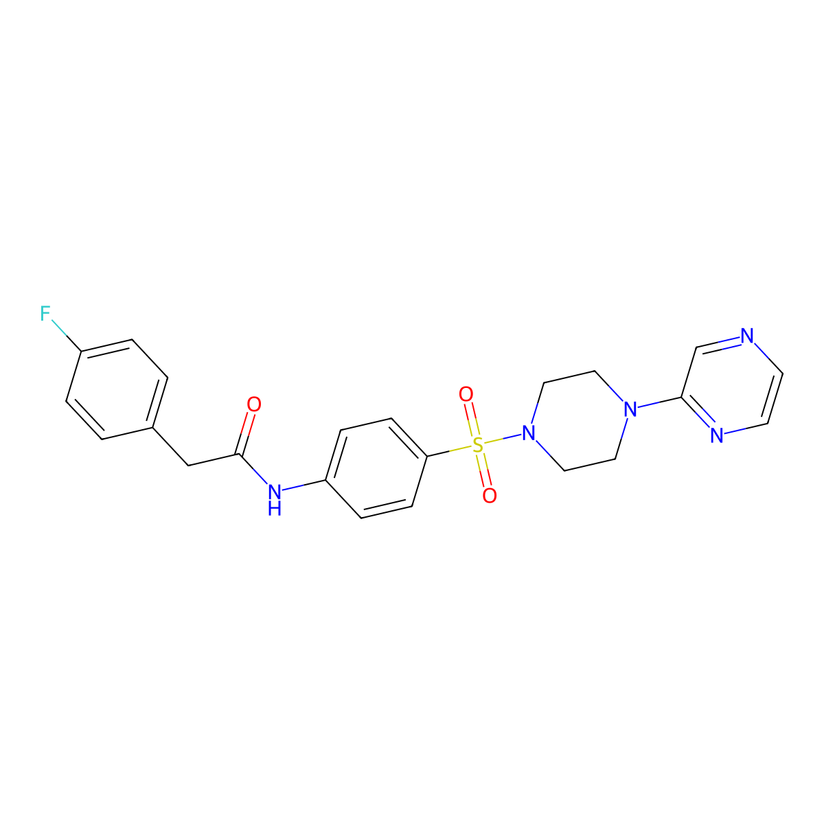 2-(4-fluorophenyl)-N-(4-((4-(pyrazin-2-yl)piperazin-1-yl)sulfonyl)phenyl)acetamide molecular structure, CAS 1021135-23-8