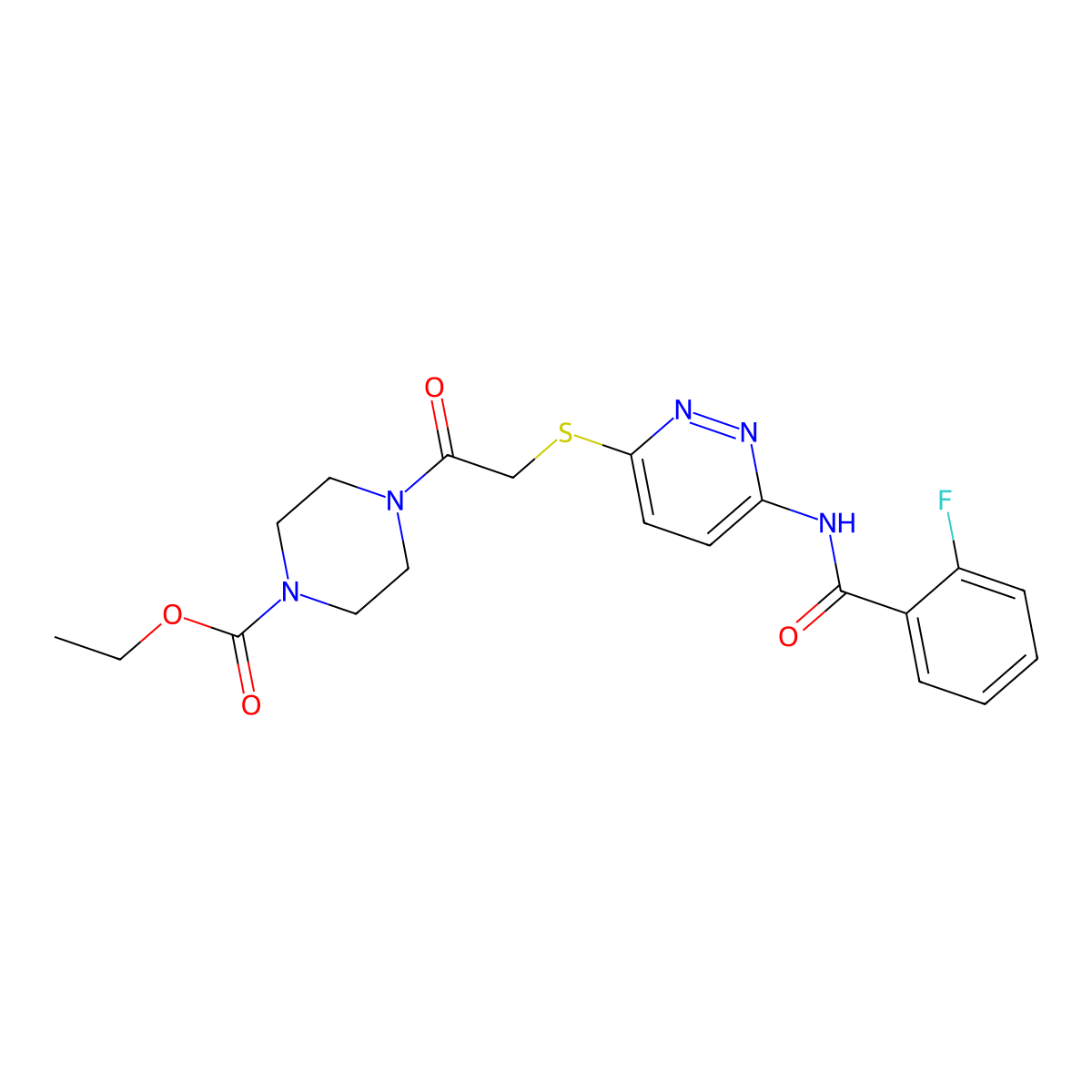 Ethyl 4-(2-((6-(2-fluorobenzamido)pyridazin-3-yl)thio)acetyl)piperazine-1-carboxylate molecular structure, CAS 1021135-45-4