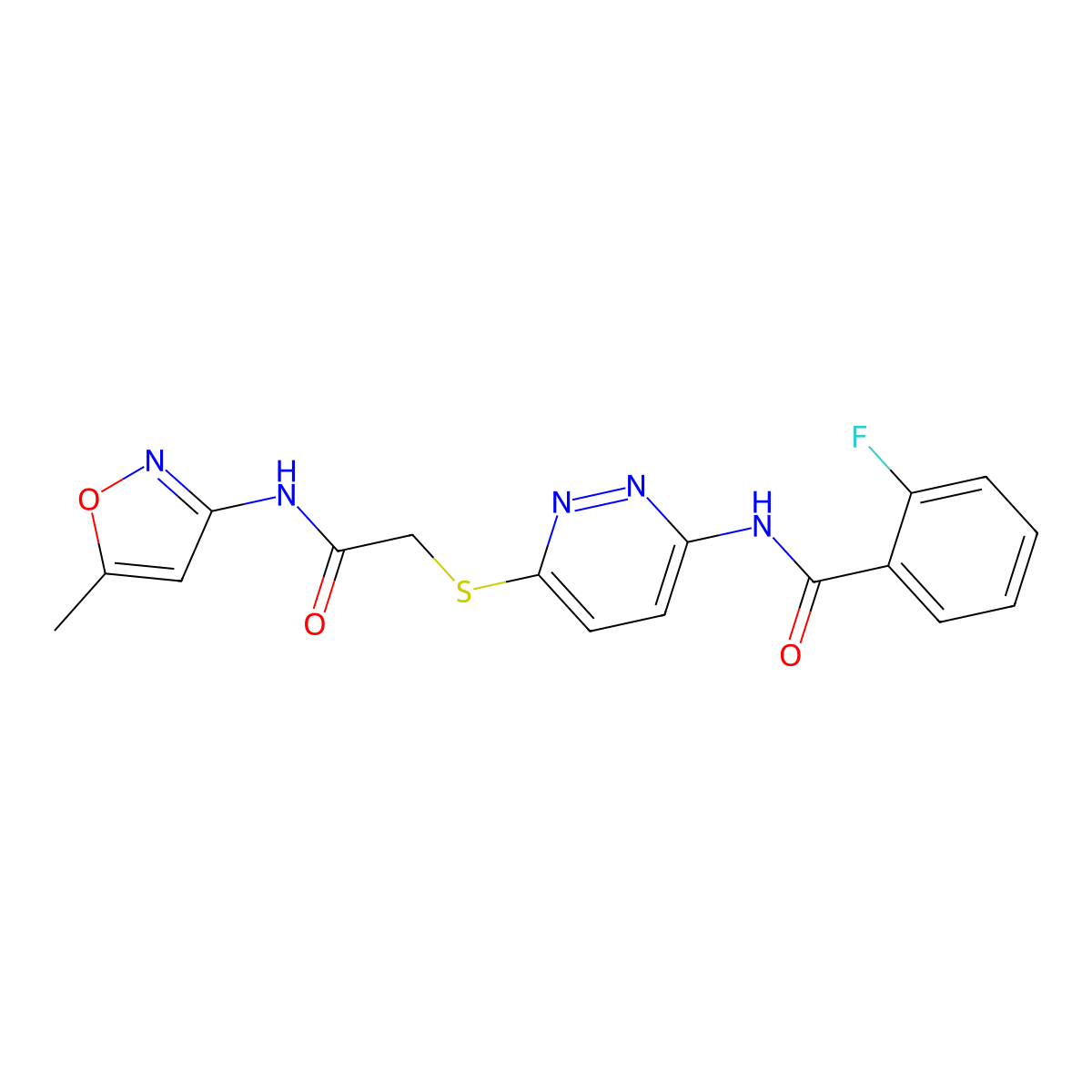 2-fluoro-N-(6-((2-((5-methylisoxazol-3-yl)amino)-2-oxoethyl)thio)pyridazin-3-yl)benzamide molecular structure, CAS 1021135-48-7