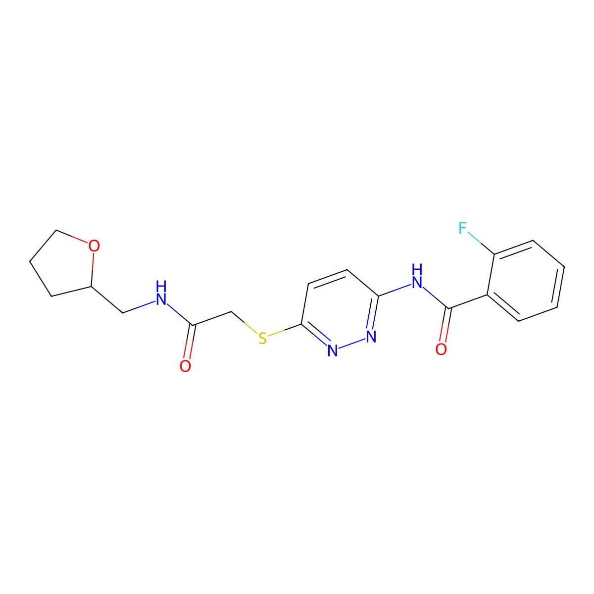 2-fluoro-N-(6-((2-oxo-2-(((tetrahydrofuran-2-yl)methyl)amino)ethyl)thio)pyridazin-3-yl)benzamide molecular structure, CAS 1021135-51-2