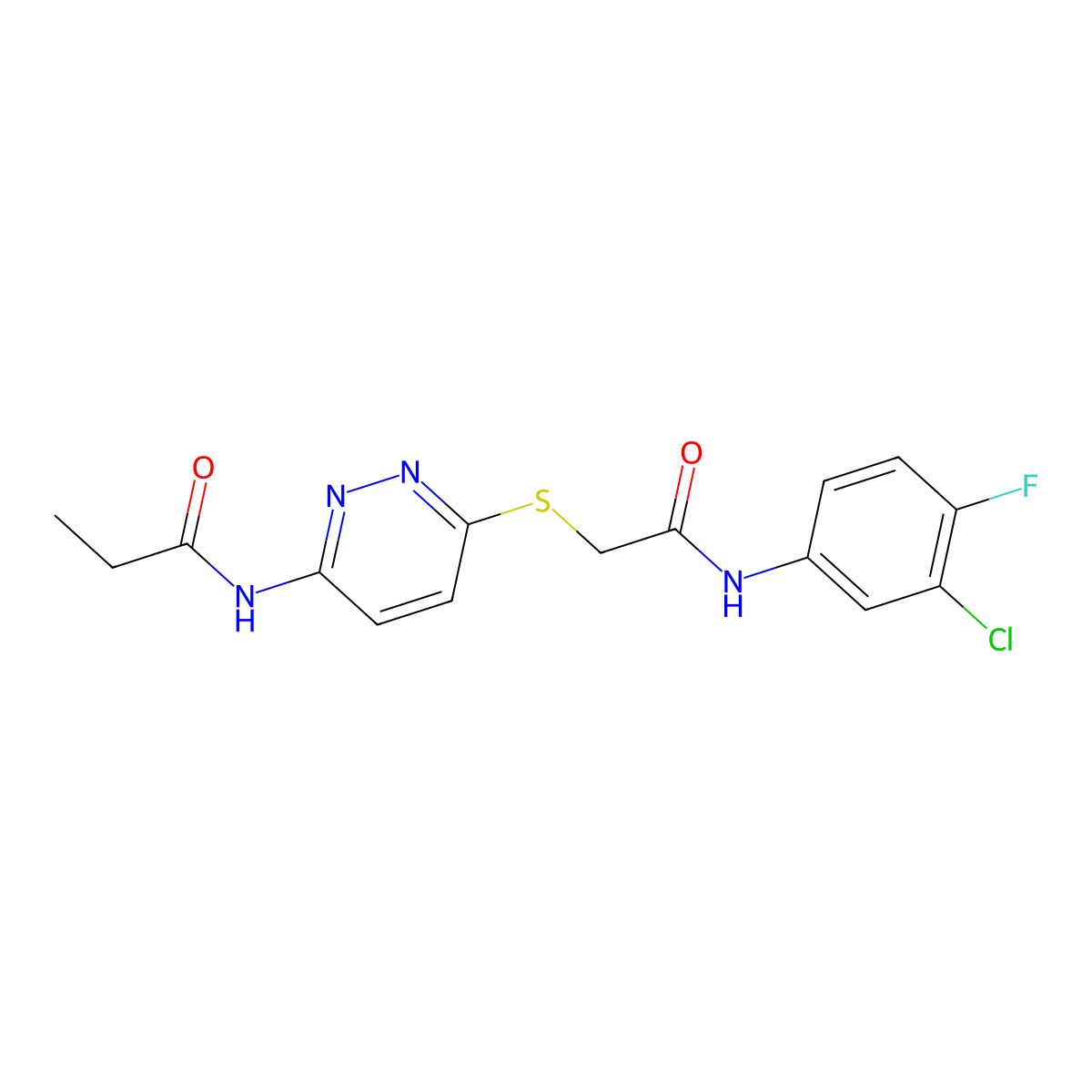 N-(6-((2-((3-chloro-4-fluorophenyl)amino)-2-oxoethyl)thio)pyridazin-3-yl)propionamide molecular structure, CAS 1021135-95-4