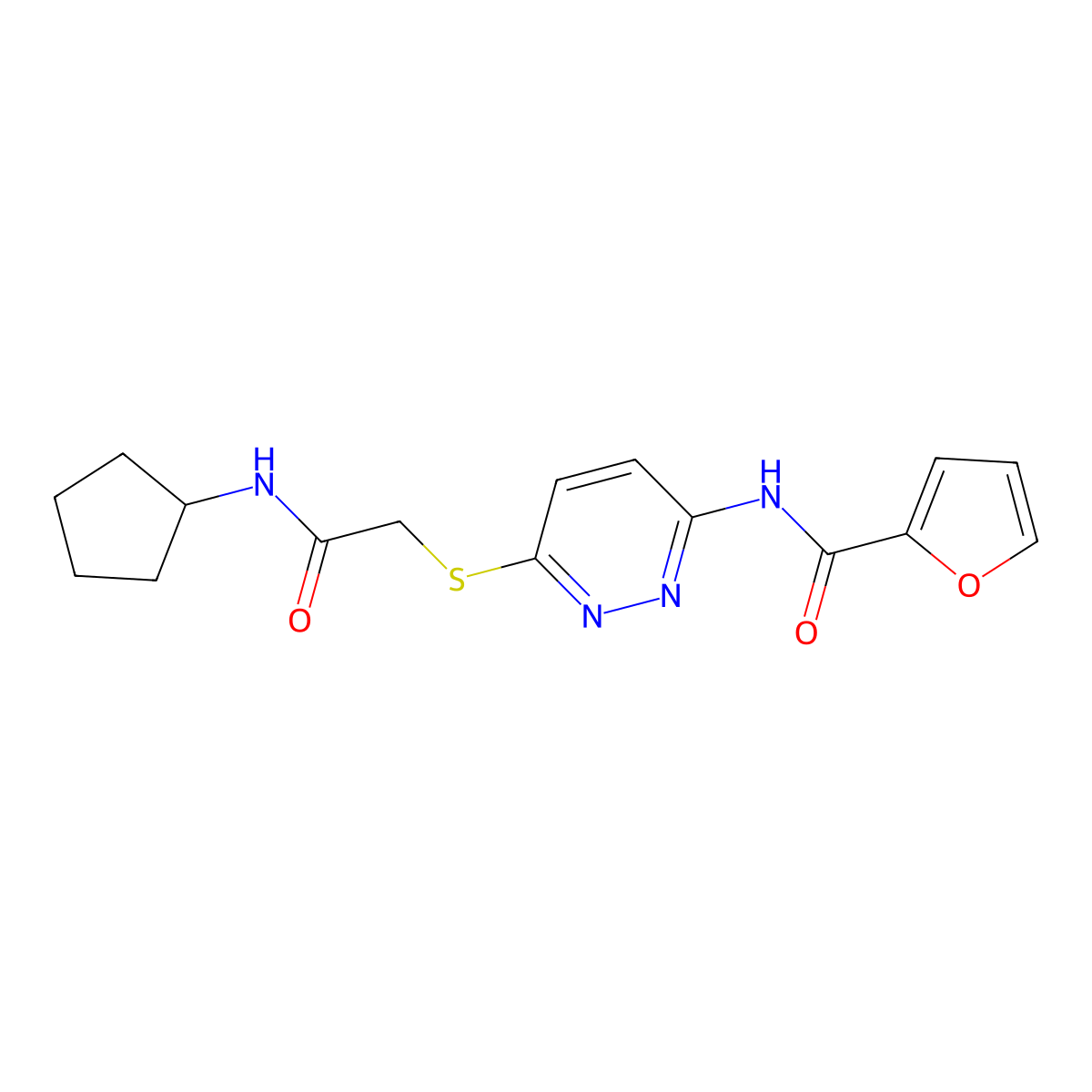 N-(6-((2-(cyclopentylamino)-2-oxoethyl)thio)pyridazin-3-yl)furan-2-carboxamide molecular structure, CAS 1021136-01-5