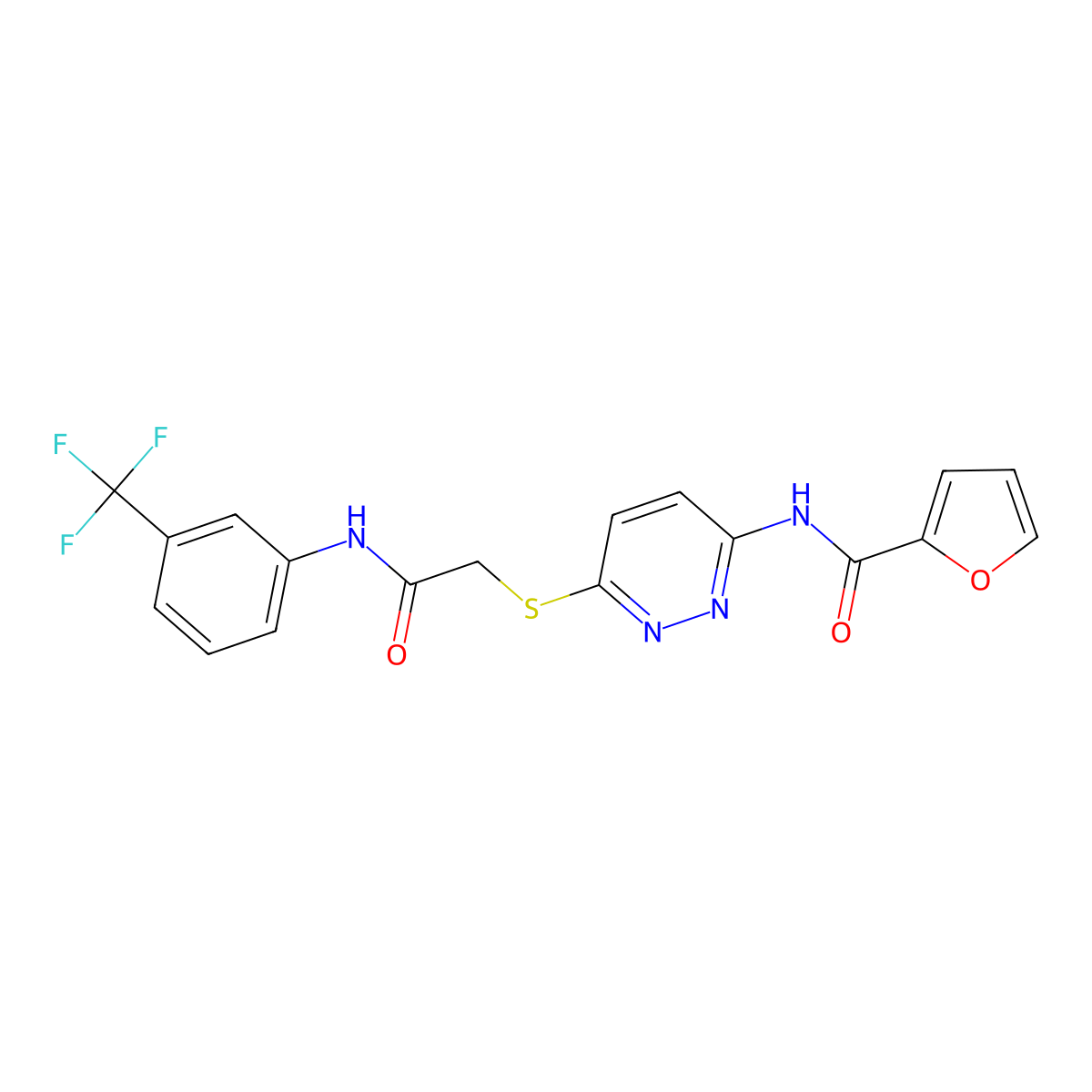 N-(6-((2-oxo-2-((3-(trifluoromethyl)phenyl)amino)ethyl)thio)pyridazin-3-yl)furan-2-carboxamide molecular structure, CAS 1021136-04-8