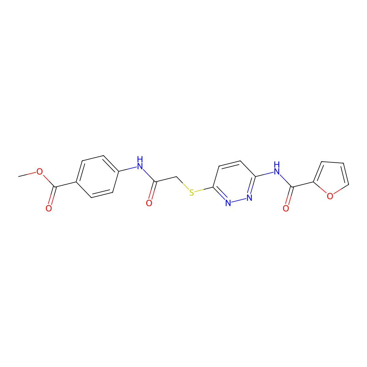 Methyl 4-(2-((6-(furan-2-carboxamido)pyridazin-3-yl)thio)acetamido)benzoate molecular structure, CAS 1021136-10-6