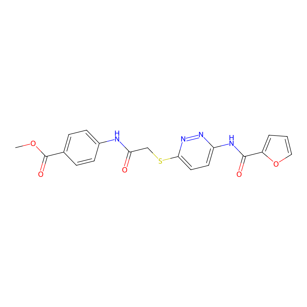 Methyl 4-(2-((6-(furan-2-carboxamido)pyridazin-3-yl)thio)acetamido)benzoate molecular structure, CAS 1021136-10-6