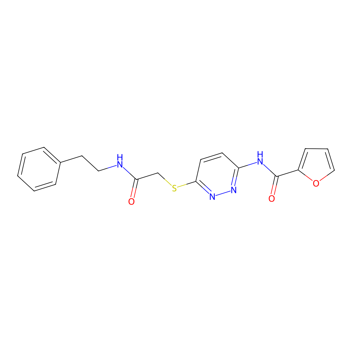 N-(6-((2-oxo-2-(phenethylamino)ethyl)thio)pyridazin-3-yl)furan-2-carboxamide molecular structure, CAS 1021136-13-9