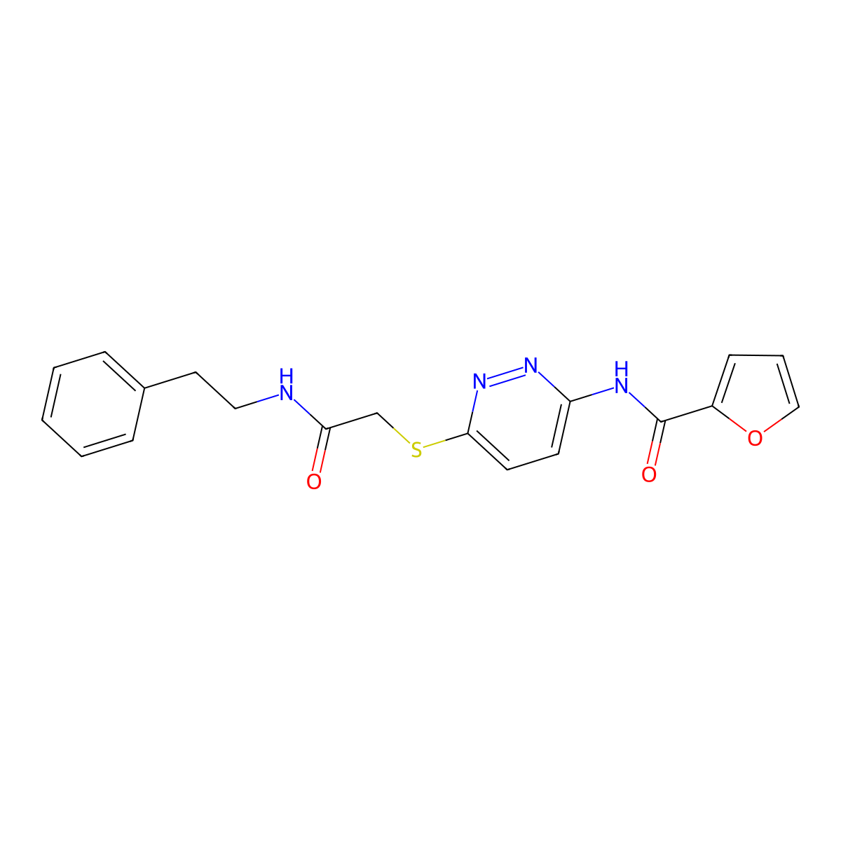 N-(6-((2-oxo-2-(phenethylamino)ethyl)thio)pyridazin-3-yl)furan-2-carboxamide molecular structure, CAS 1021136-13-9