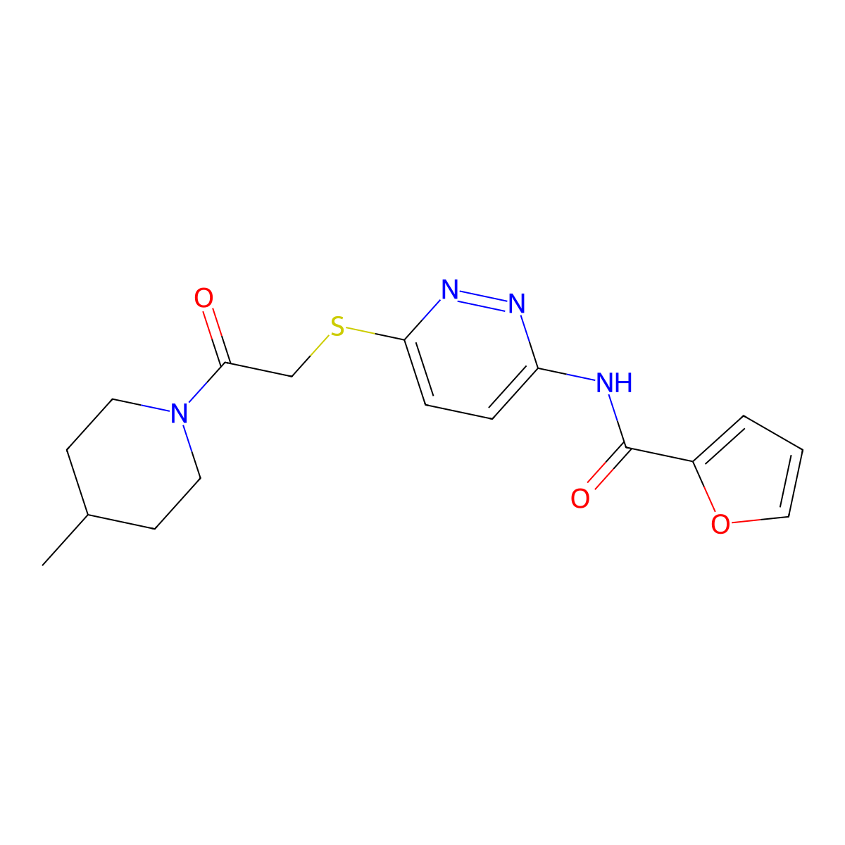 N-(6-((2-(4-methylpiperidin-1-yl)-2-oxoethyl)thio)pyridazin-3-yl)furan-2-carboxamide molecular structure, CAS 1021136-16-2