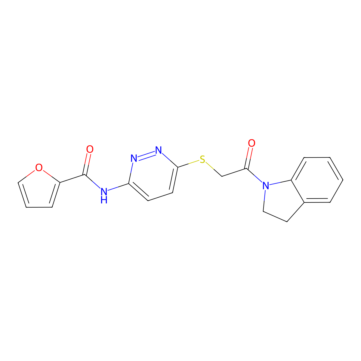 N-(6-((2-(indolin-1-yl)-2-oxoethyl)thio)pyridazin-3-yl)furan-2-carboxamide molecular structure, CAS 1021136-19-5