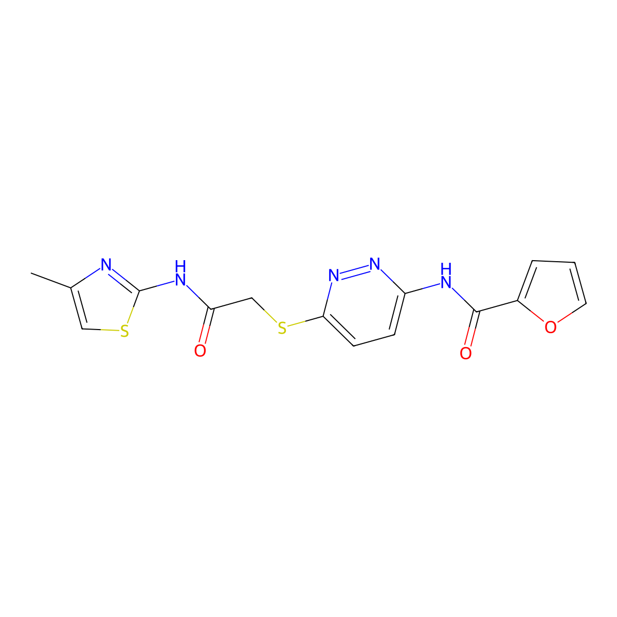 N-(6-((2-((4-methylthiazol-2-yl)amino)-2-oxoethyl)thio)pyridazin-3-yl)furan-2-carboxamide molecular structure, CAS 1021136-22-0