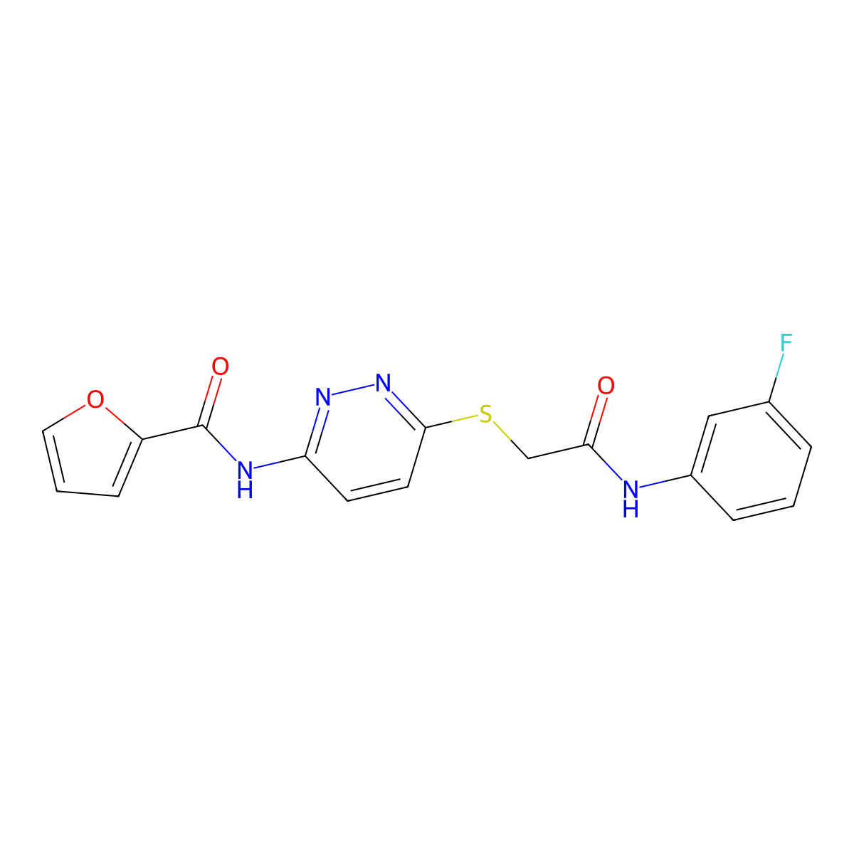 N-(6-((2-((3-fluorophenyl)amino)-2-oxoethyl)thio)pyridazin-3-yl)furan-2-carboxamide molecular structure, CAS 1021136-29-7