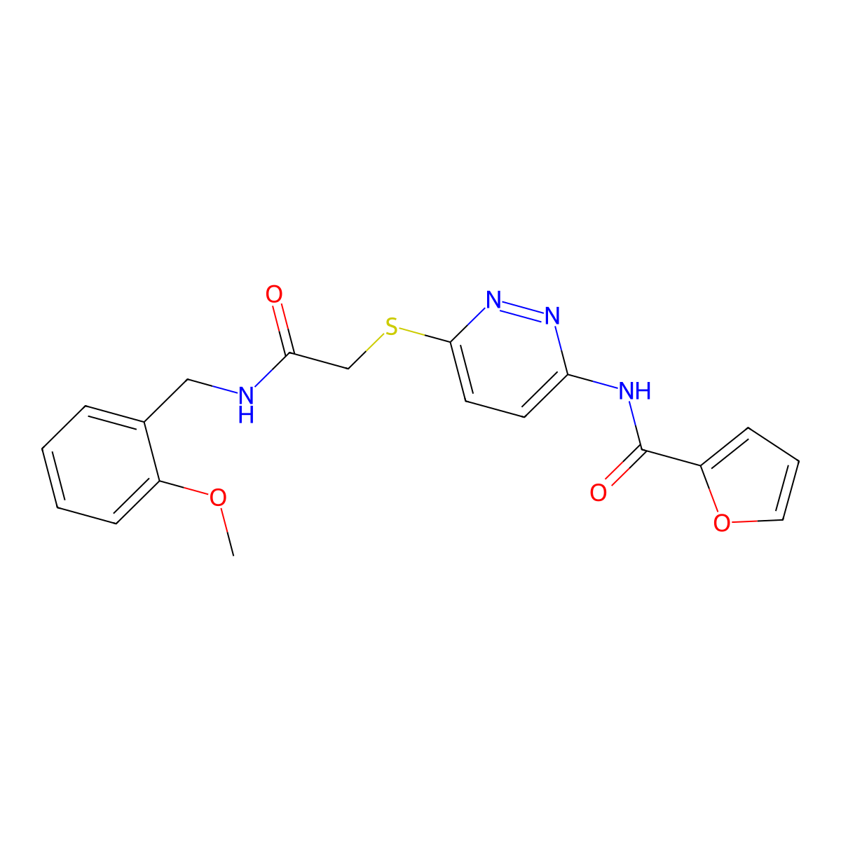 N-(6-((2-((2-methoxybenzyl)amino)-2-oxoethyl)thio)pyridazin-3-yl)furan-2-carboxamide molecular structure, CAS 1021136-36-6