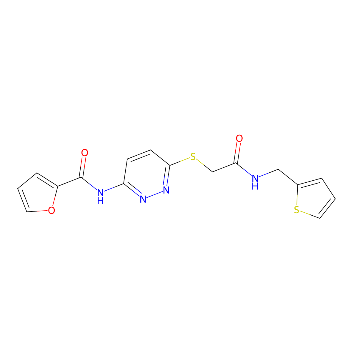 N-(6-((2-oxo-2-((thiophen-2-ylmethyl)amino)ethyl)thio)pyridazin-3-yl)furan-2-carboxamide molecular structure, CAS 1021136-44-6