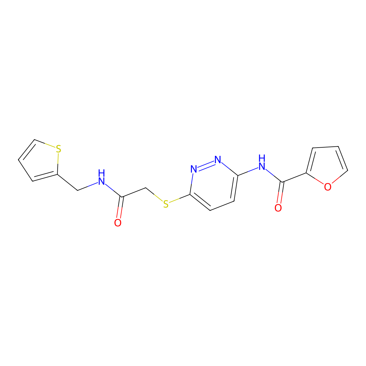 N-(6-((2-oxo-2-((thiophen-2-ylmethyl)amino)ethyl)thio)pyridazin-3-yl)furan-2-carboxamide molecular structure, CAS 1021136-44-6
