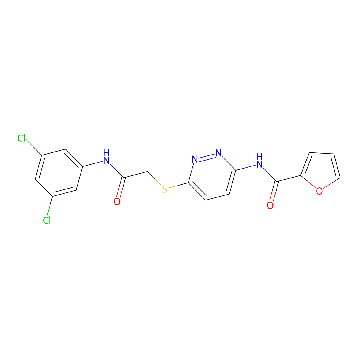 N-(6-((2-((3,5-dichlorophenyl)amino)-2-oxoethyl)thio)pyridazin-3-yl)furan-2-carboxamide molecular structure, CAS 1021136-48-0