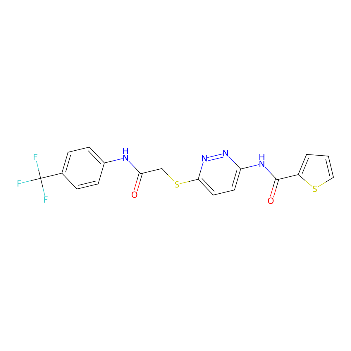 N-(6-((2-oxo-2-((4-(trifluoromethyl)phenyl)amino)ethyl)thio)pyridazin-3-yl)thiophene-2-carboxamide molecular structure, CAS 1021136-56-0