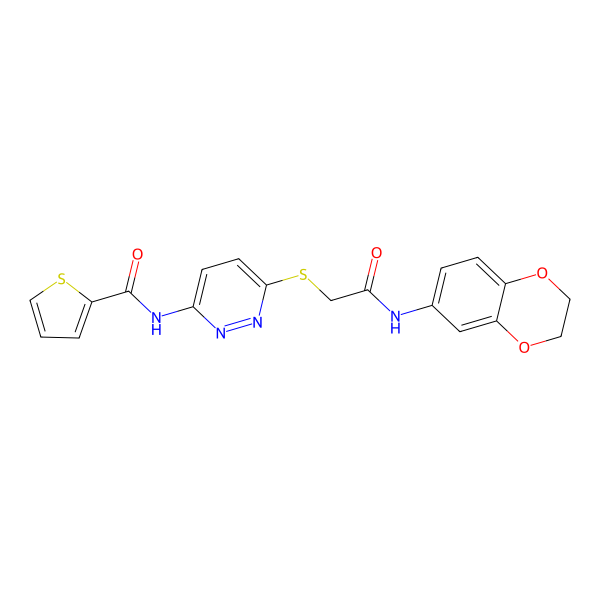 N-(6-((2-((2,3-dihydrobenzo[b][1,4]dioxin-6-yl)amino)-2-oxoethyl)thio)pyridazin-3-yl)thiophene-2-carboxamide molecular structure, CAS 1021136-62-8