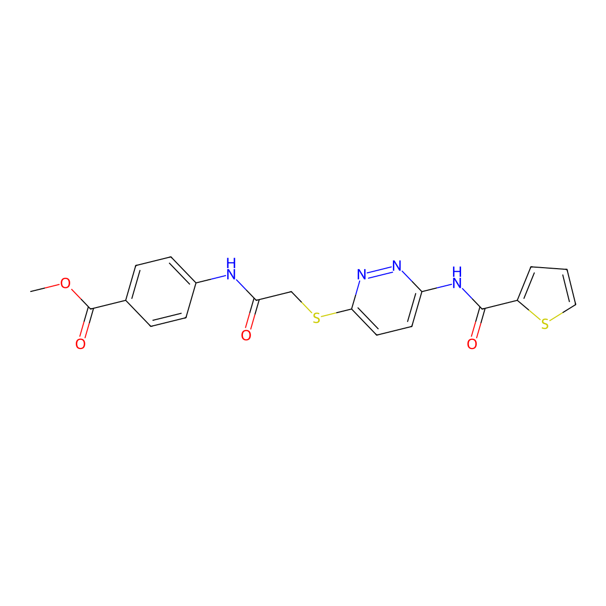 Methyl 4-(2-((6-(thiophene-2-carboxamido)pyridazin-3-yl)thio)acetamido)benzoate molecular structure, CAS 1021136-65-1