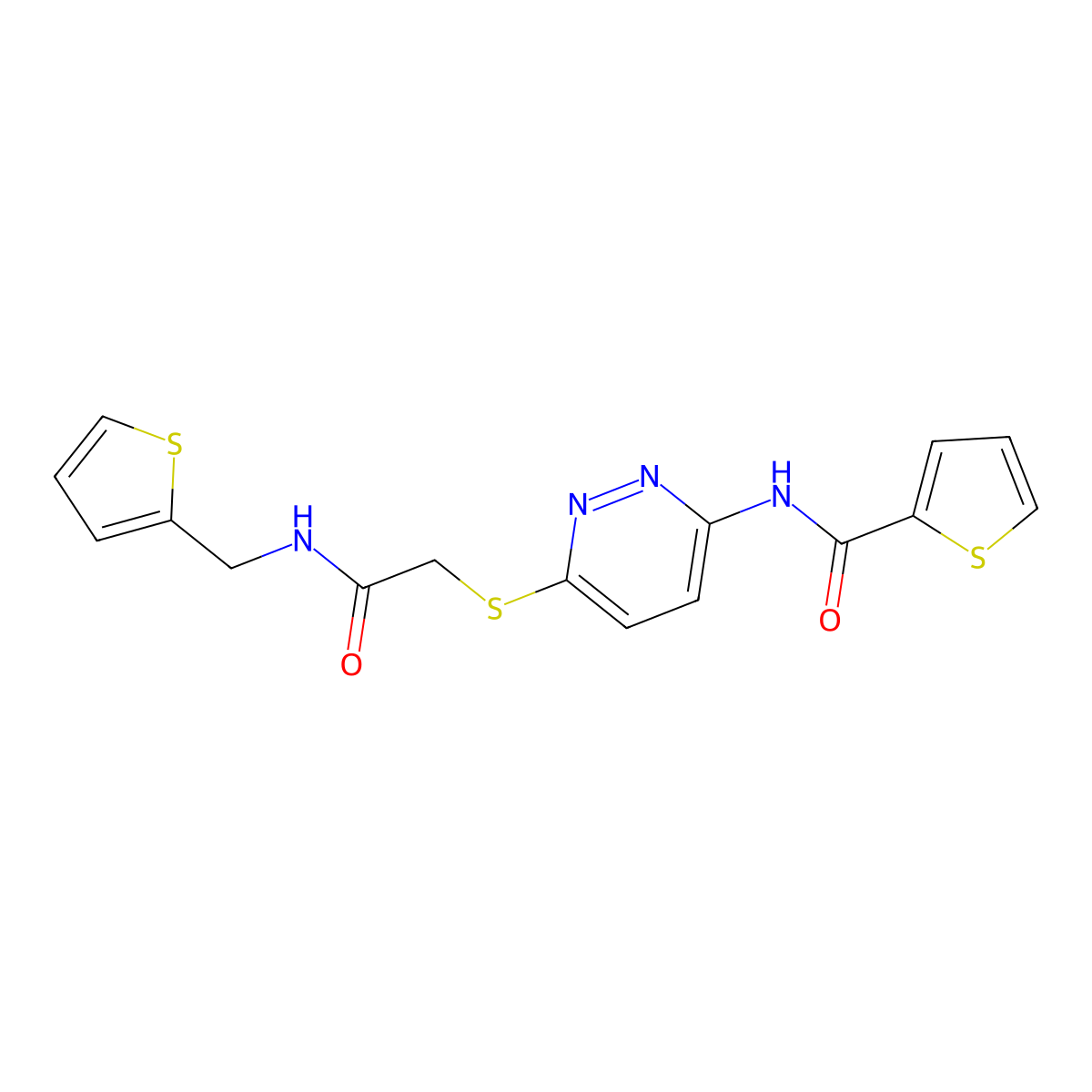 N-(6-((2-oxo-2-((thiophen-2-ylmethyl)amino)ethyl)thio)pyridazin-3-yl)thiophene-2-carboxamide molecular structure, CAS 1021136-92-4