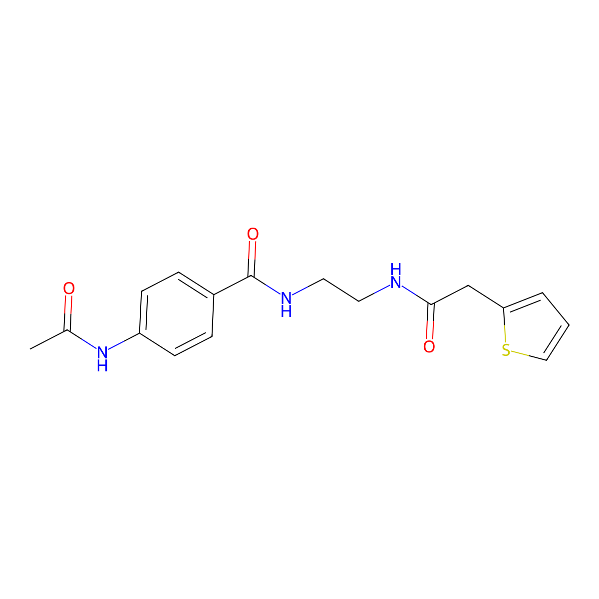 4-acetamido-N-(2-(2-(thiophen-2-yl)acetamido)ethyl)benzamide molecular structure, CAS 1021137-02-9