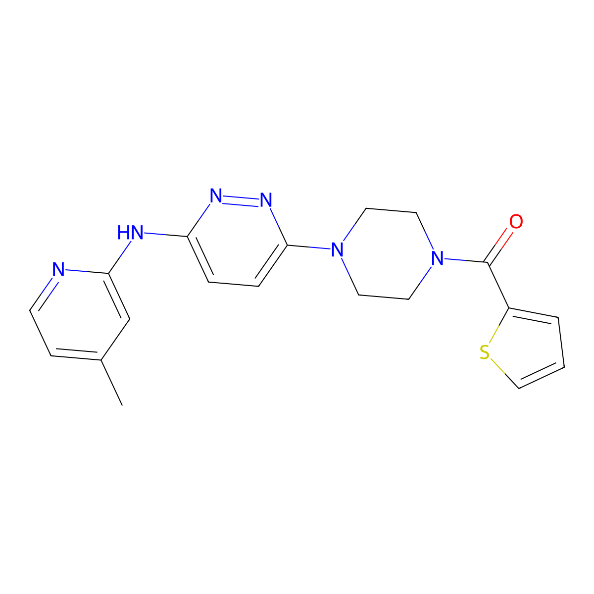 (4-(6-((4-Methylpyridin-2-yl)amino)pyridazin-3-yl)piperazin-1-yl)(thiophen-2-yl)methanone molecular structure, CAS 1021138-20-4