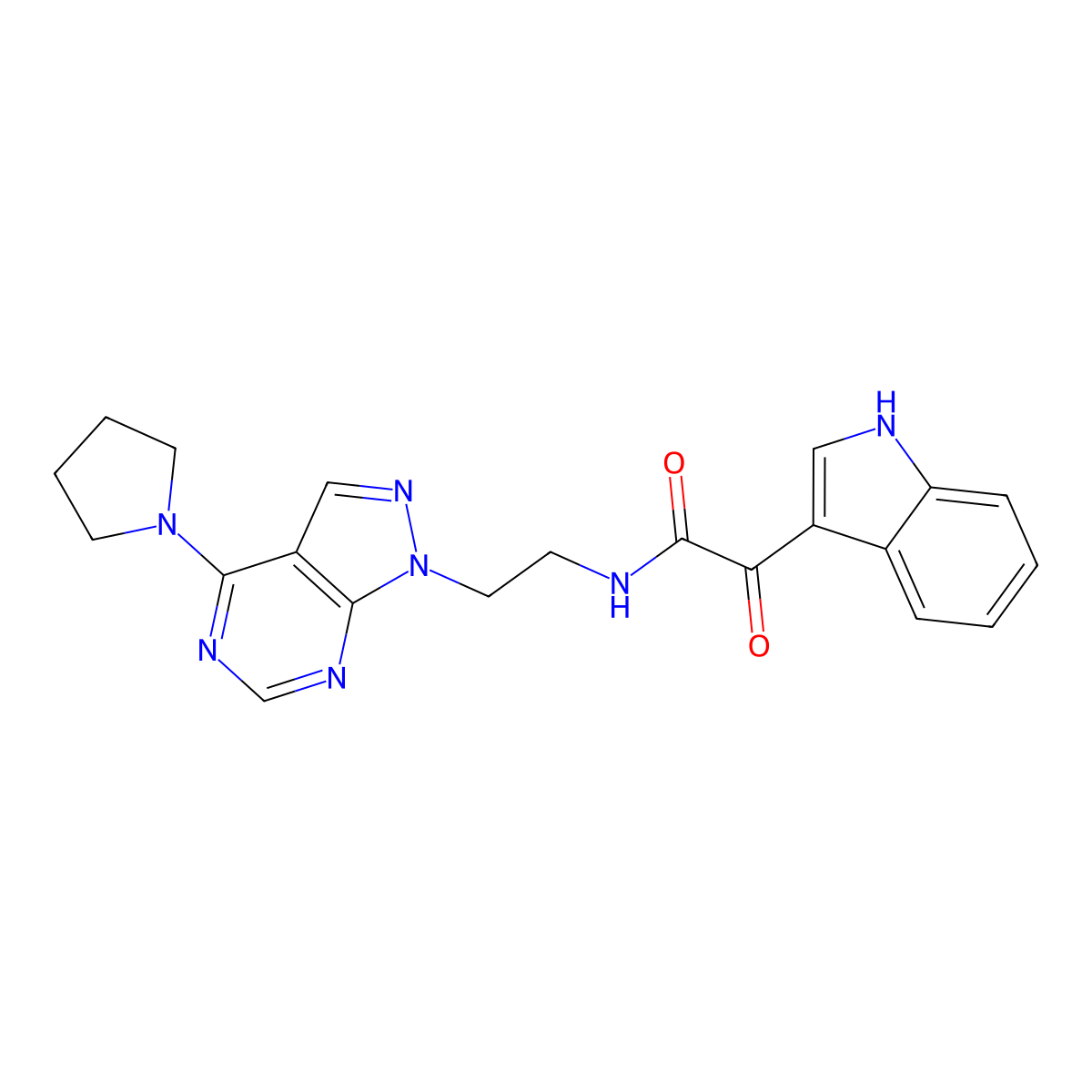 2-(1H-indol-3-yl)-2-oxo-N-(2-(4-(pyrrolidin-1-yl)-1H-pyrazolo[3,4-d]pyrimidin-1-yl)ethyl)acetamide molecular structure, CAS 1021206-21-2