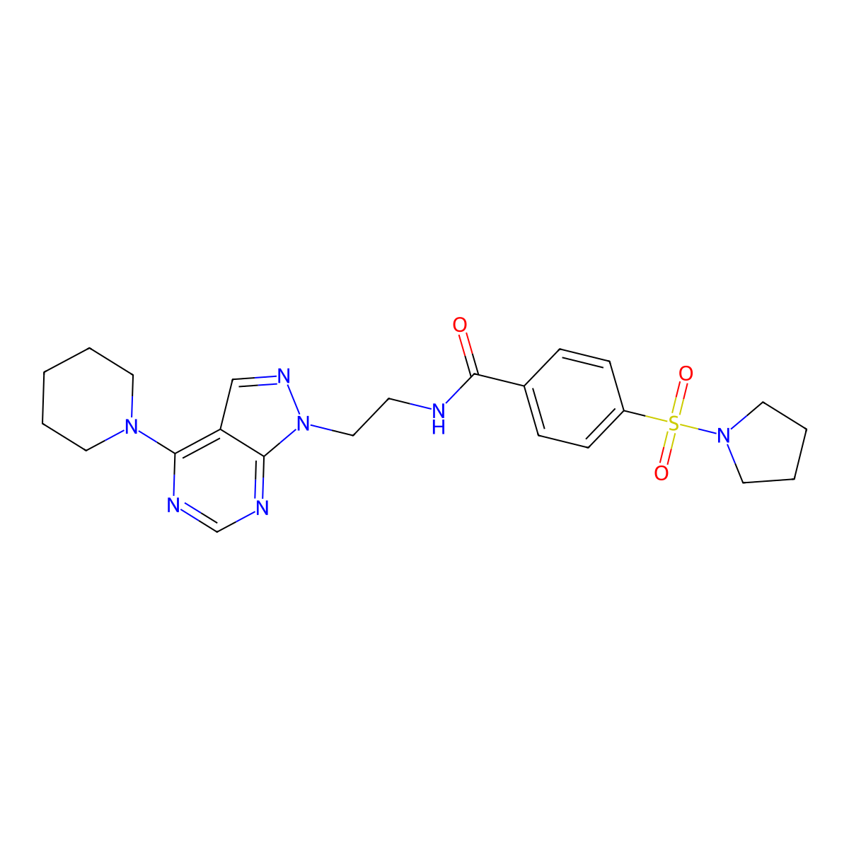 N-{2-[4-(piperidin-1-yl)-1H-pyrazolo[3,4-d]pyrimidin-1-yl]ethyl}-4-(pyrrolidine-1-sulfonyl)benzamide molecular structure, CAS 1021206-29-0
