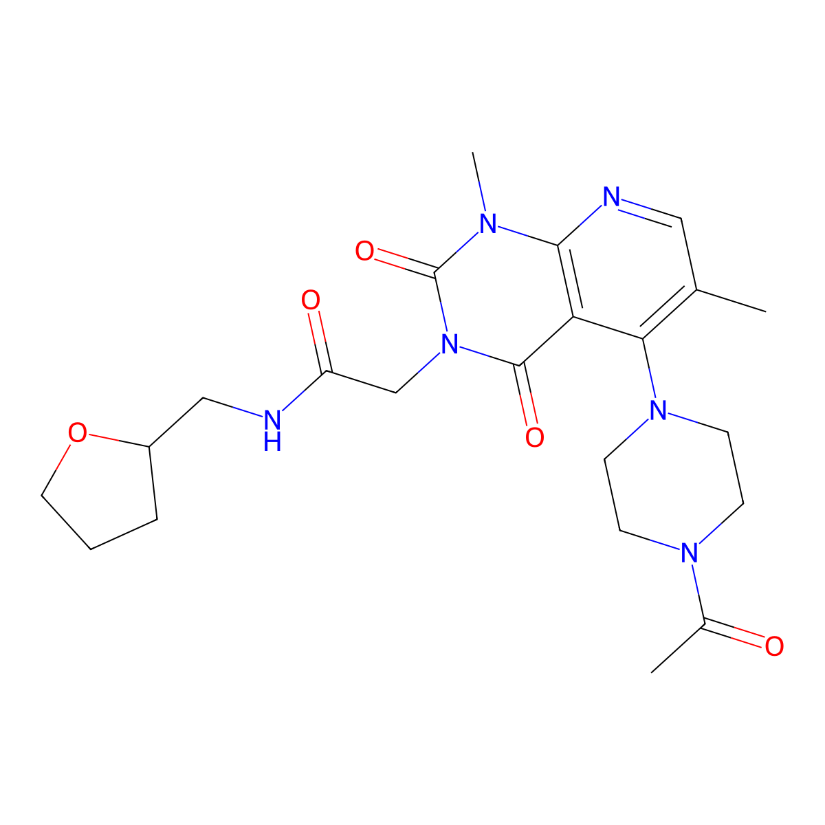 2-(5-(4-acetylpiperazin-1-yl)-1,6-dimethyl-2,4-dioxo-1,2-dihydropyrido[2,3-d]pyrimidin-3(4H)-yl)-N-((tetrahydrofuran-2-yl)methyl)acetamide molecular structure, CAS 1021206-43-8