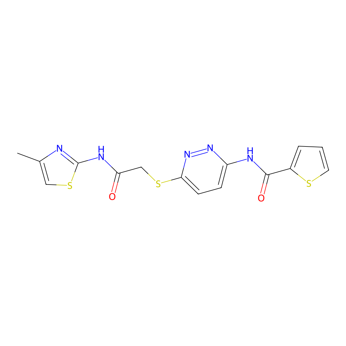 N-(6-((2-((4-methylthiazol-2-yl)amino)-2-oxoethyl)thio)pyridazin-3-yl)thiophene-2-carboxamide molecular structure, CAS 1021206-56-3