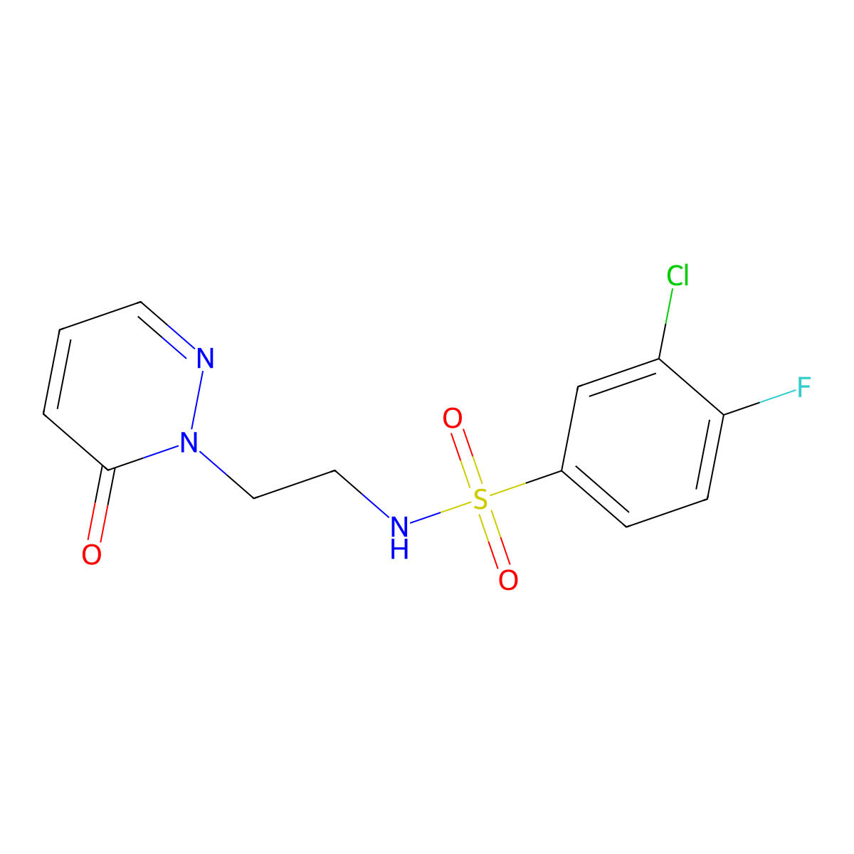 3-chloro-4-fluoro-N-(2-(6-oxopyridazin-1(6H)-yl)ethyl)benzenesulfonamide molecular structure, CAS 1021206-59-6