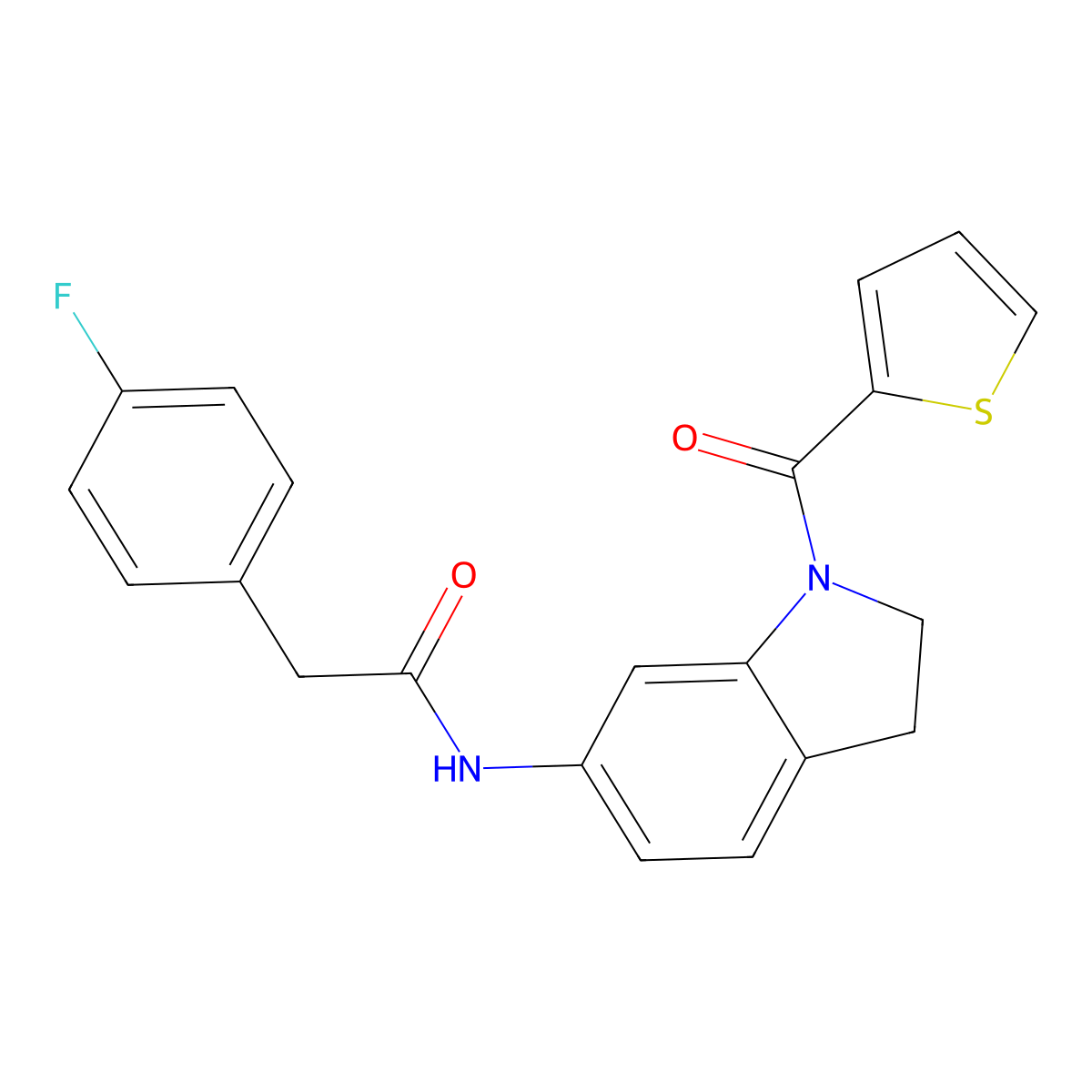 2-(4-fluorophenyl)-N-(1-(thiophene-2-carbonyl)indolin-6-yl)acetamide molecular structure, CAS 1021207-03-3
