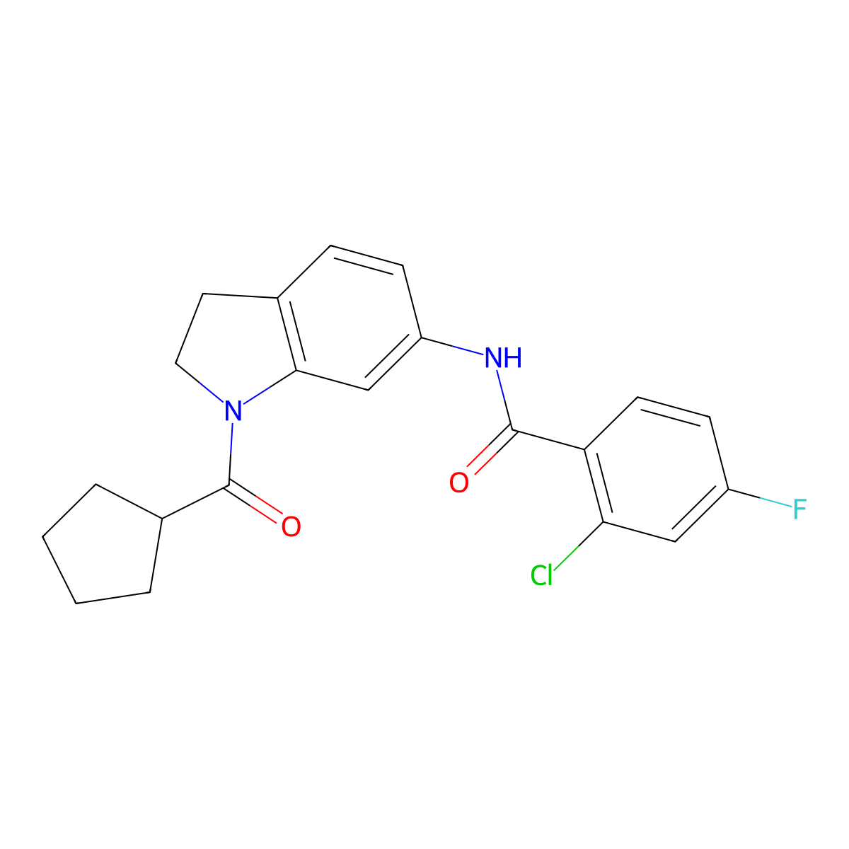 2-chloro-N-(1-cyclopentanecarbonyl-2,3-dihydro-1H-indol-6-yl)-4-fluorobenzamide molecular structure, CAS 1021207-29-3