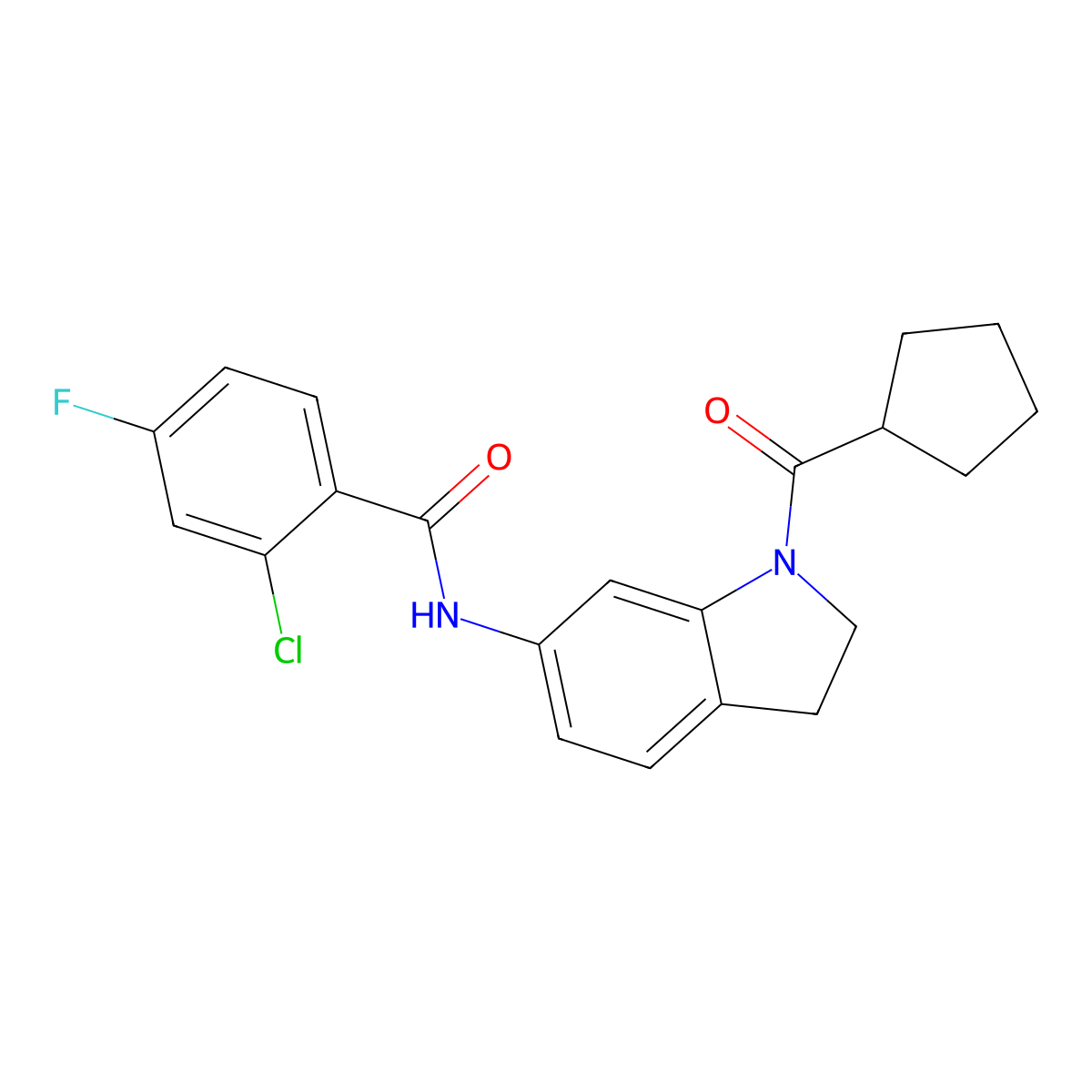 2-chloro-N-(1-cyclopentanecarbonyl-2,3-dihydro-1H-indol-6-yl)-4-fluorobenzamide molecular structure, CAS 1021207-29-3