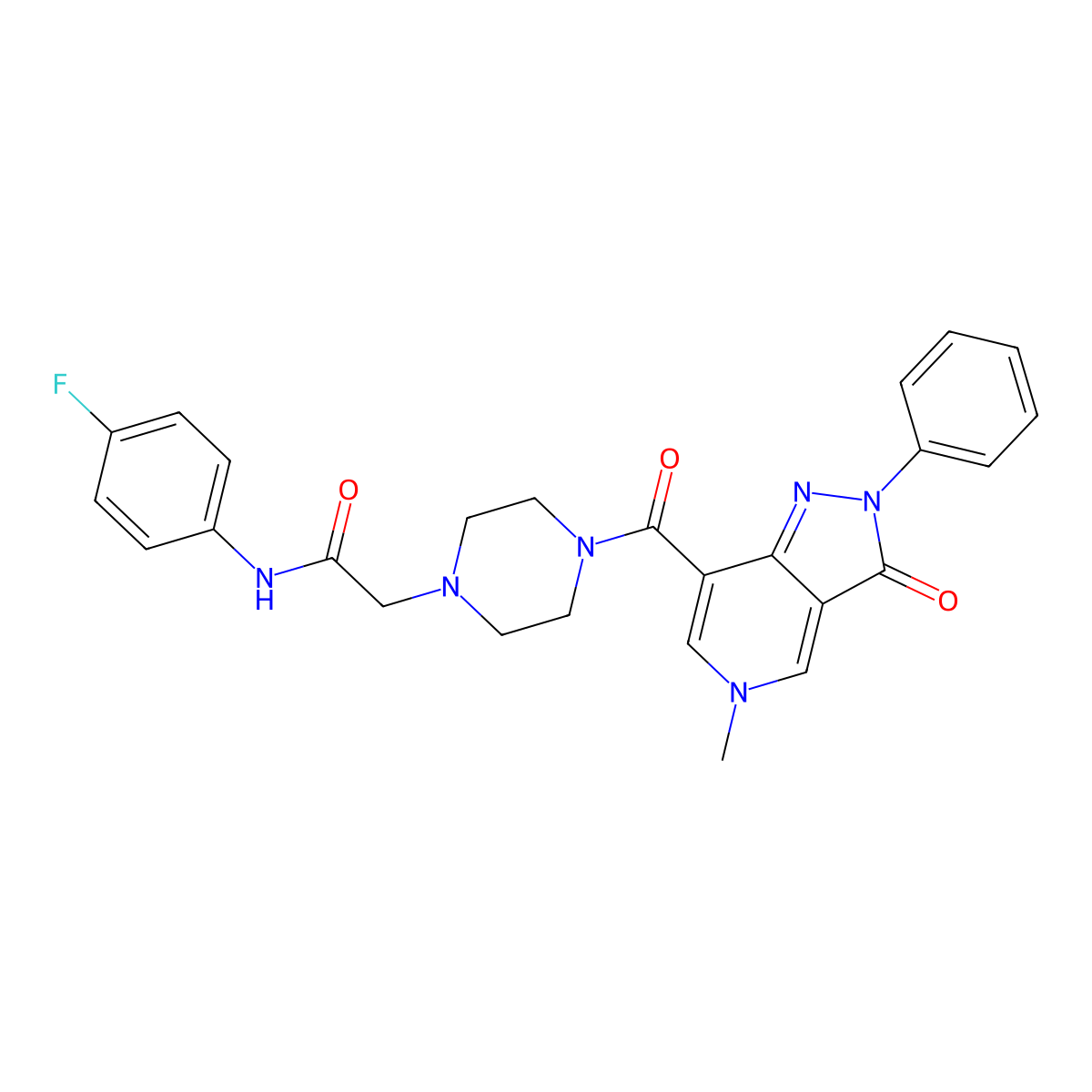 N-(4-fluorophenyl)-2-(4-(5-methyl-3-oxo-2-phenyl-3,5-dihydro-2H-pyrazolo[4,3-c]pyridine-7-carbonyl)piperazin-1-yl)acetamide molecular structure, CAS 1021207-48-6