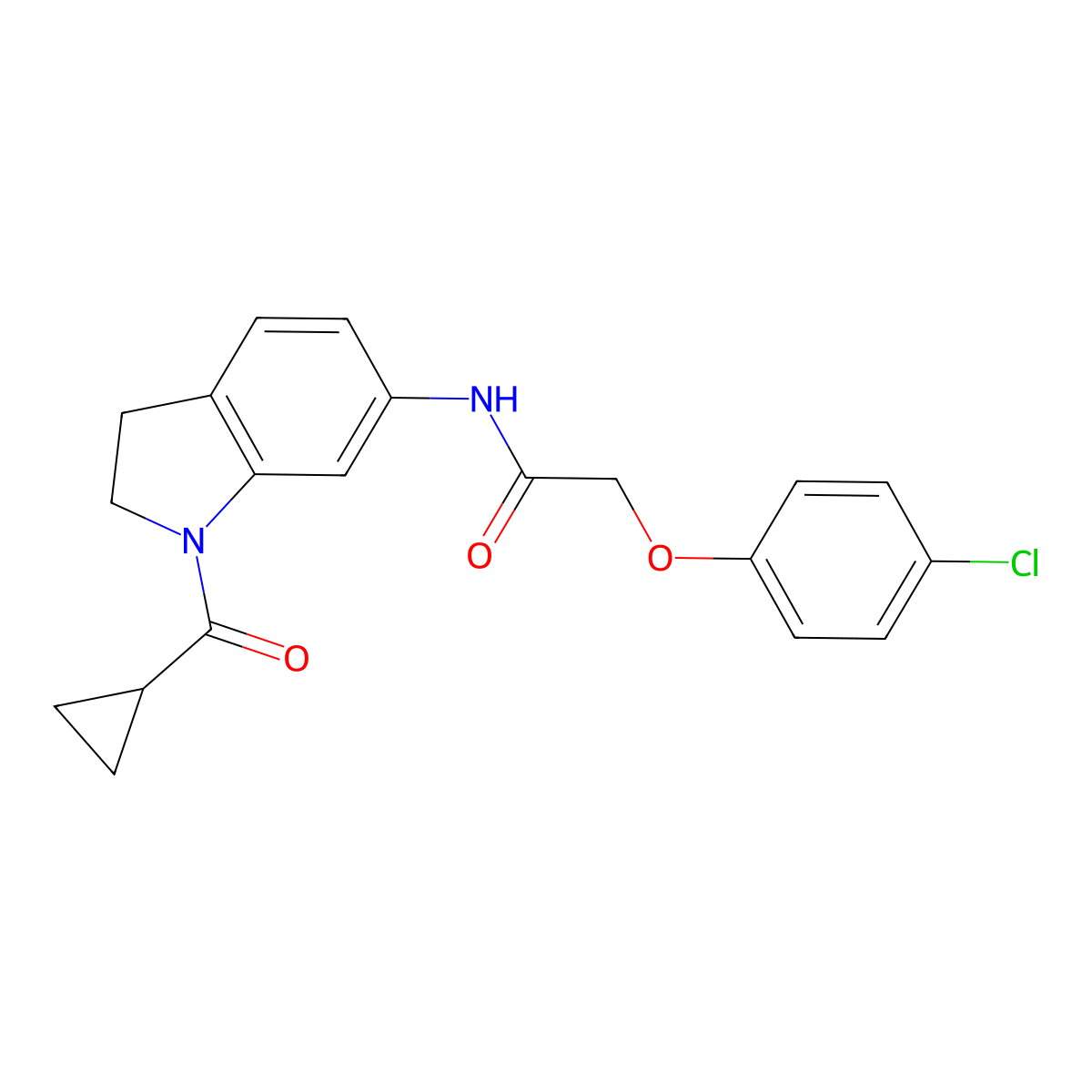 2-(4-chlorophenoxy)-N-(1-(cyclopropanecarbonyl)indolin-6-yl)acetamide molecular structure, CAS 1021207-58-8