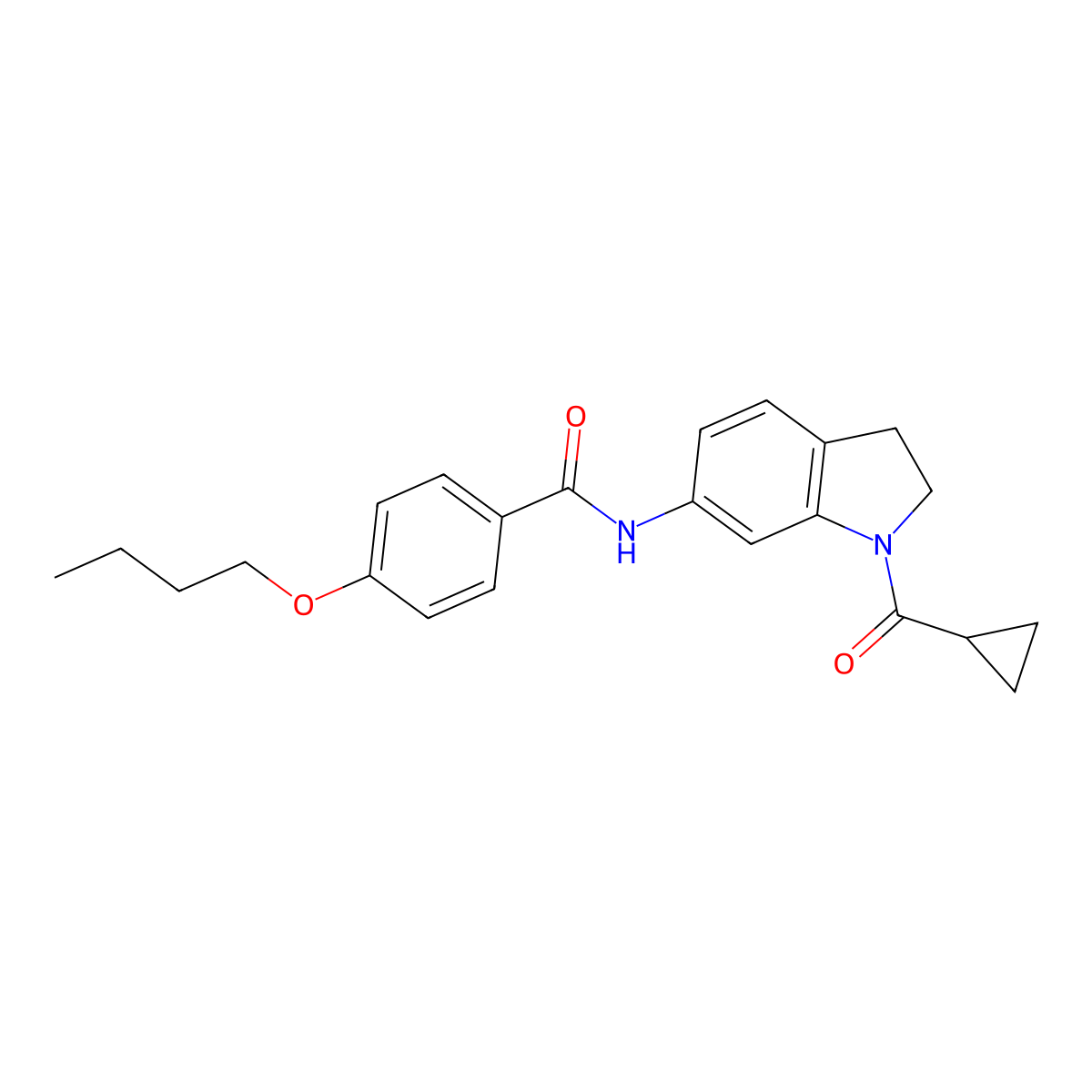 4-butoxy-N-(1-(cyclopropanecarbonyl)indolin-6-yl)benzamide molecular structure, CAS 1021207-61-3