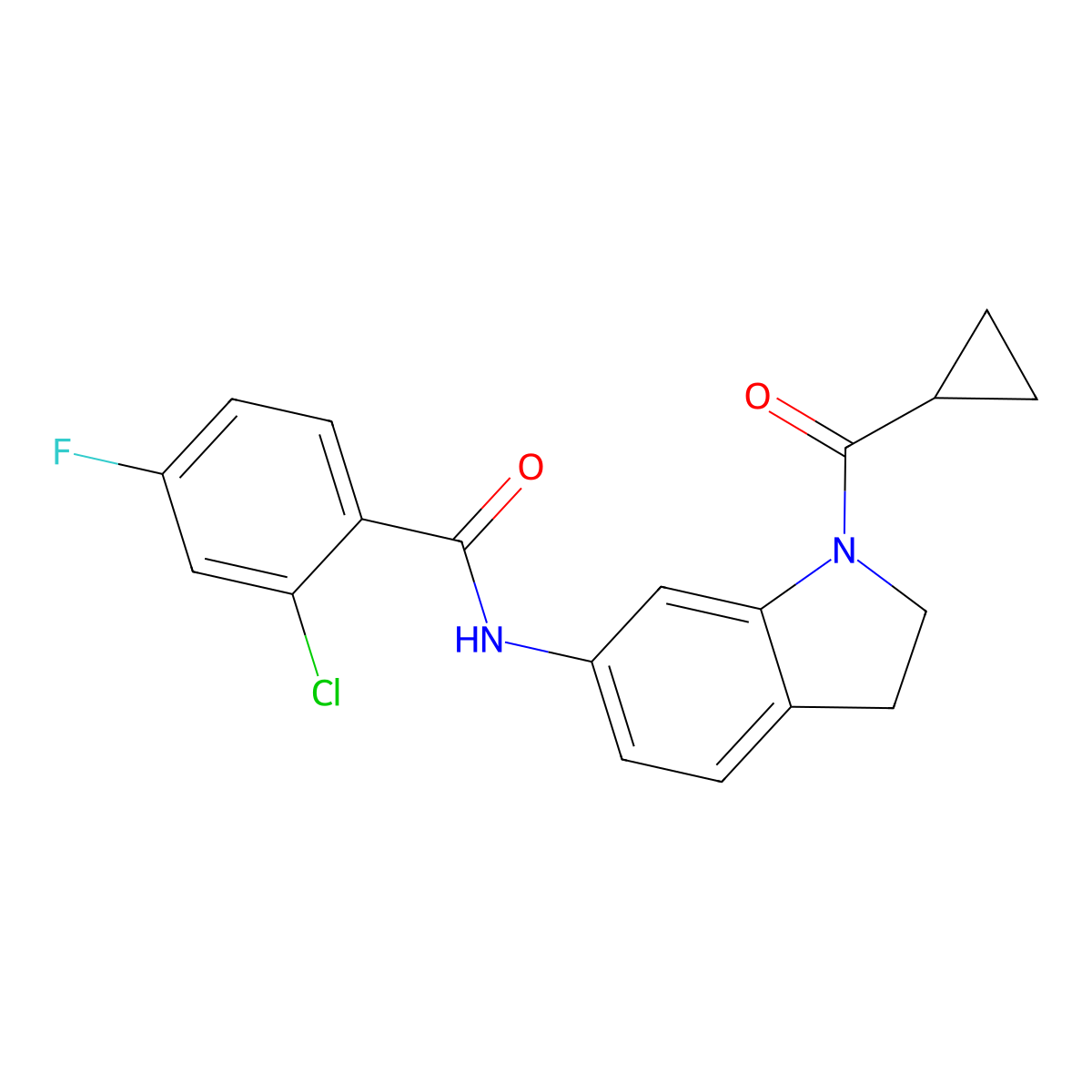 2-chloro-N-(1-cyclopropanecarbonyl-2,3-dihydro-1H-indol-6-yl)-4-fluorobenzamide molecular structure, CAS 1021207-64-6