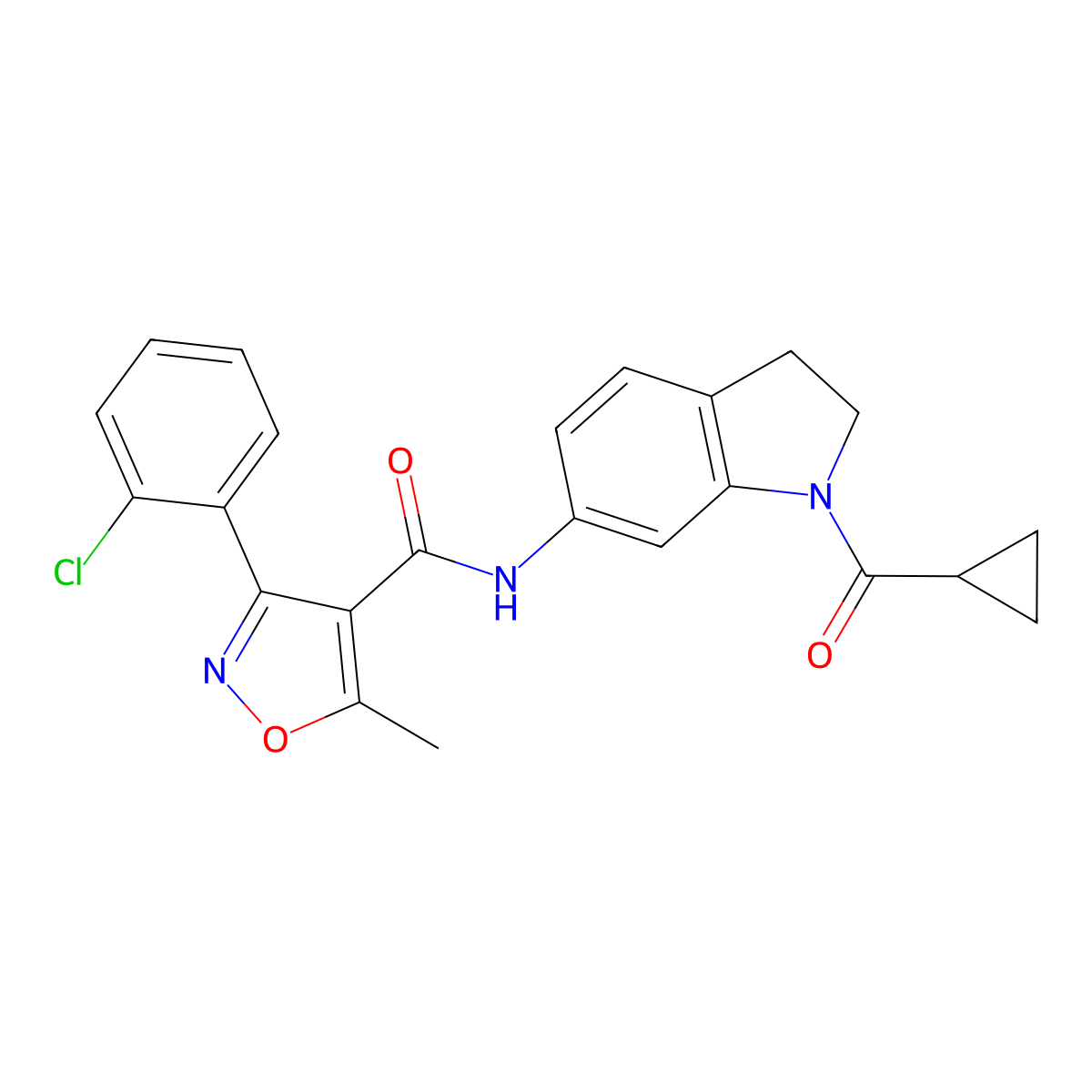 3-(2-chlorophenyl)-N-(1-(cyclopropanecarbonyl)indolin-6-yl)-5-methylisoxazole-4-carboxamide molecular structure, CAS 1021207-68-0