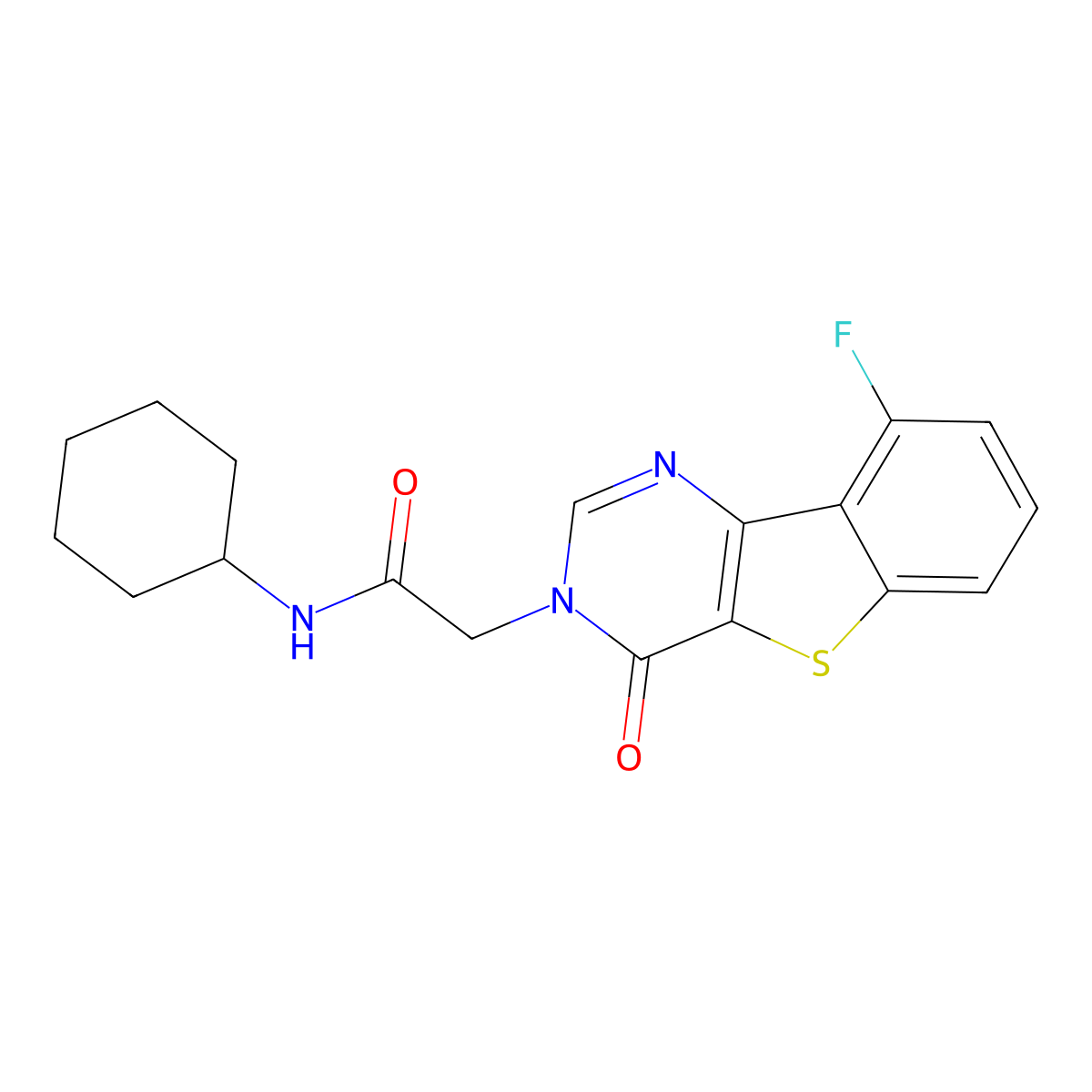 N-cyclohexyl-2-{13-fluoro-6-oxo-8-thia-3,5-diazatricyclo[7.4.0.0^{2,7}]trideca-1(13),2(7),3,9,11-pentaen-5-yl}acetamide molecular structure, CAS 1021207-69-1