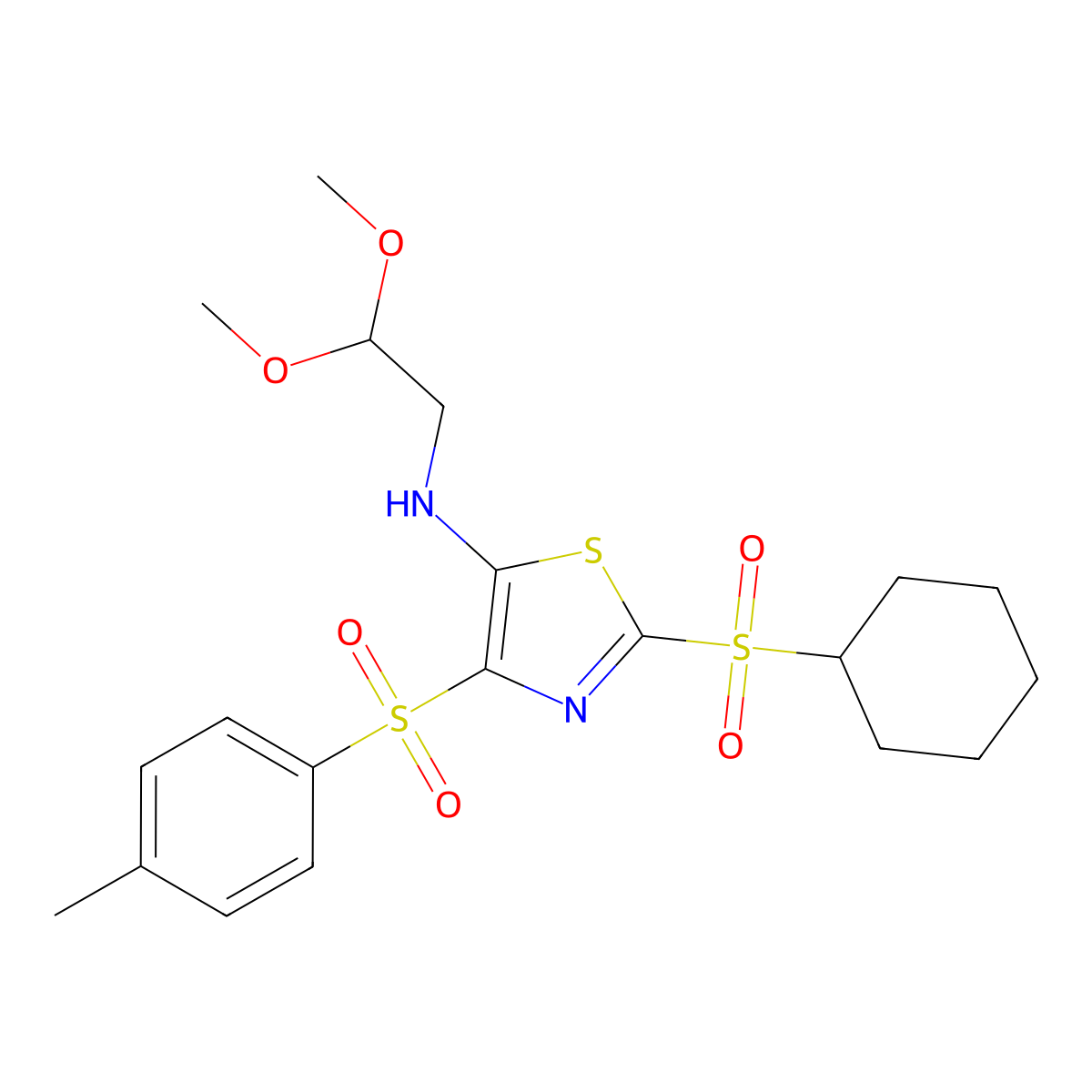 2-(cyclohexanesulfonyl)-N-(2,2-dimethoxyethyl)-4-(4-methylbenzenesulfonyl)-1,3-thiazol-5-amine molecular structure, CAS 1021207-91-9